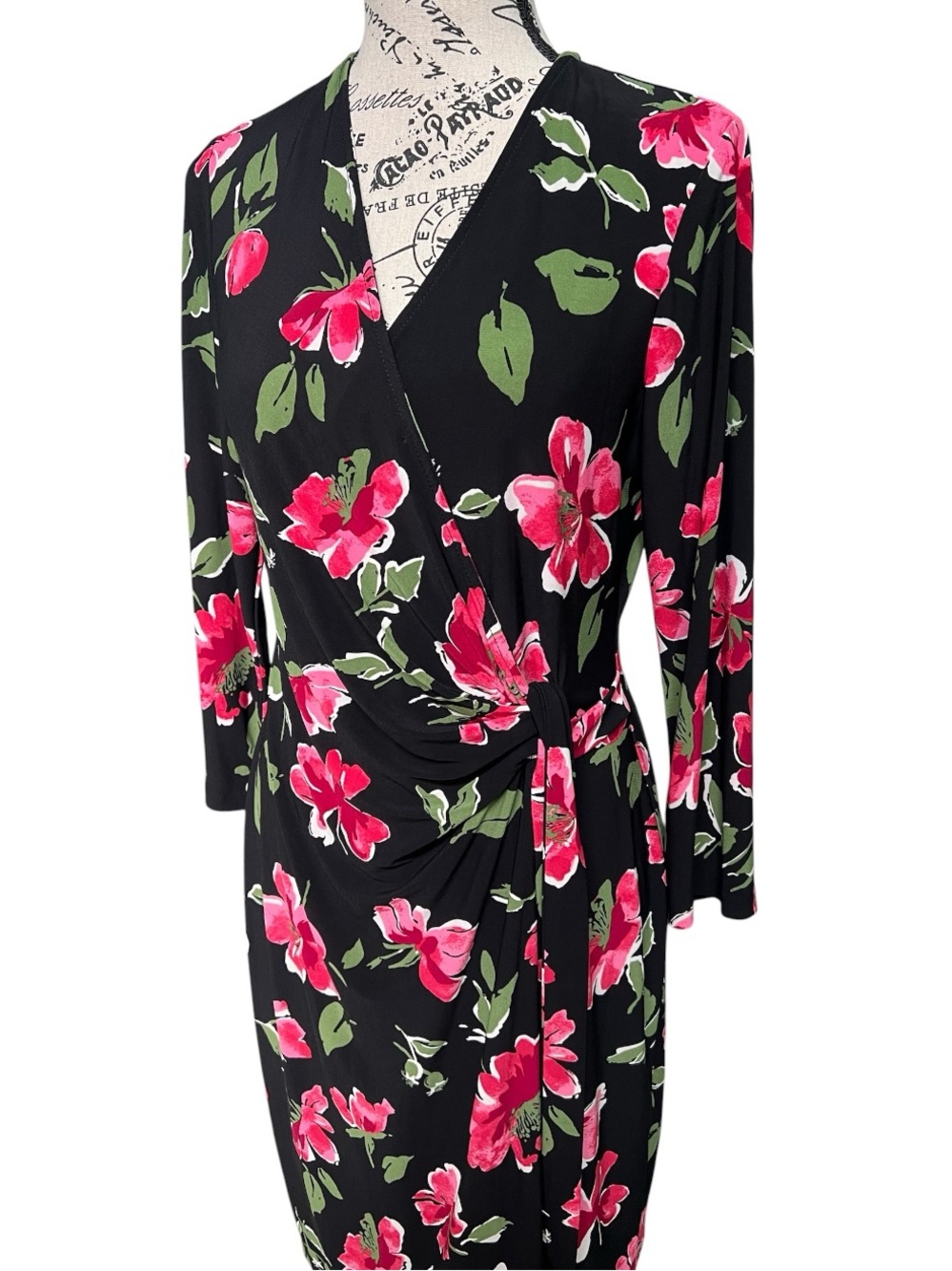 Anne Klein Black Floral Wrap Dress with Pink & Green Accents